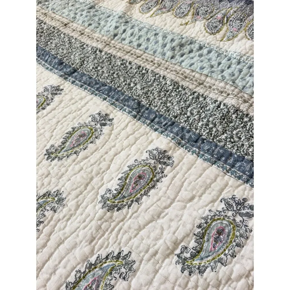 Vtg Soft Surroundings Paisley Stripe QUEEN Quilt Oatmeal/blue Cotton Linen Blend